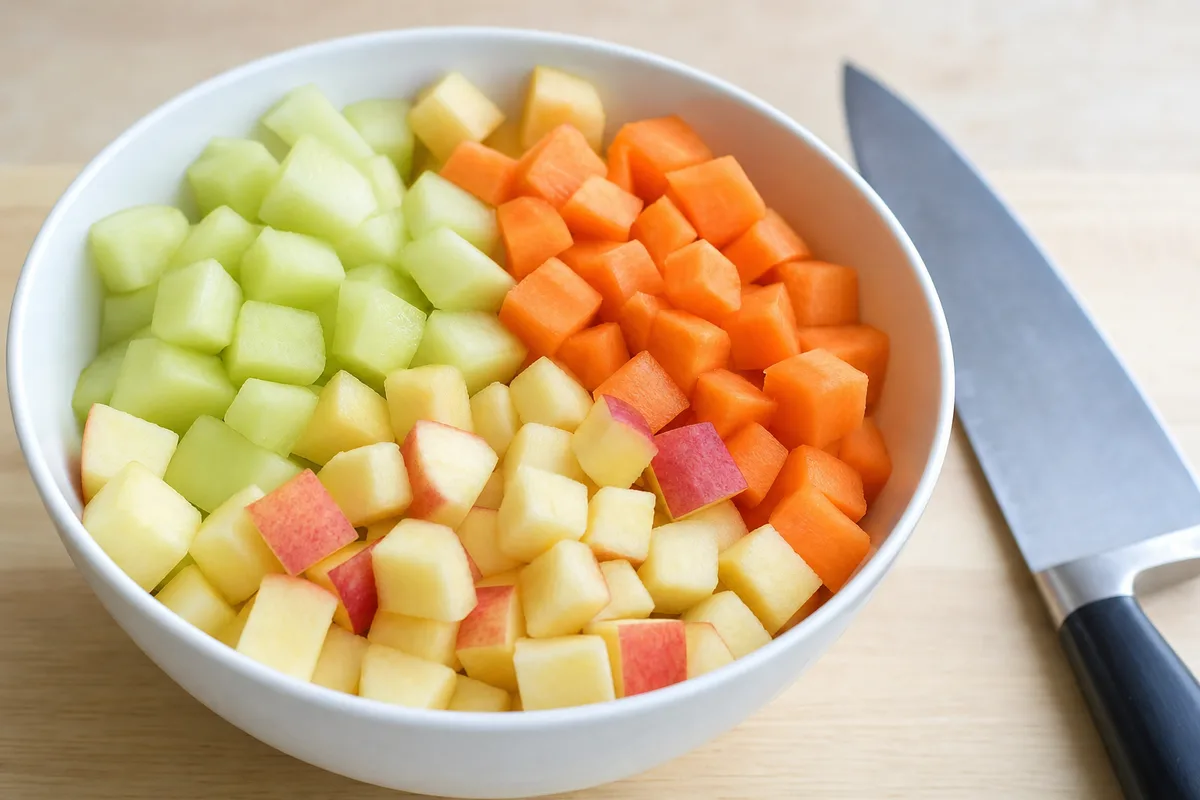 eating with braces diced fruit 3 פירות וירקות חתוכים לקוביות קטנות בקערה, מתאימים לאכילה עם יישור שיניים
