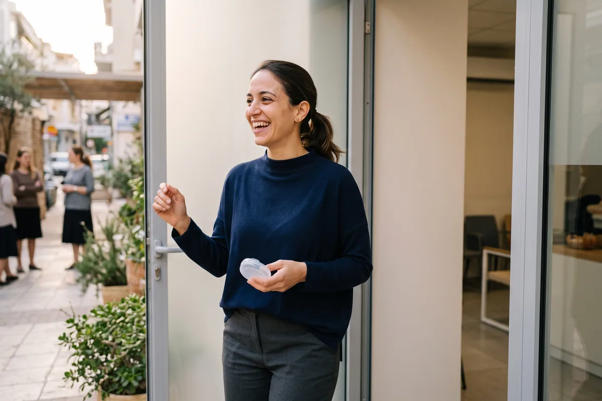 מטופלת מחייכת אחרי סיום טיפול יישור שיניים אצל אורתודנט
